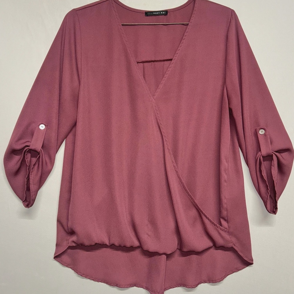 West Kei Dusty Rose Faux Wrap Blouse Roll Tab Sleeve Small Made USA